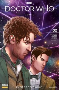The Eighth and Eleventh Doctors stare off into space, concerned about something that the reader cannot see.