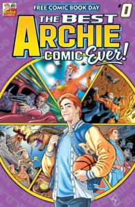 Archie Andrews, a white, redheaded teenager in a gold and blue letterman jacket and blue tee-shirt stands before a circle chopped up into a pie chart. Each slice reveals Archie doing a new thing - racing a car, being a superhero, shooting a gun, etc.