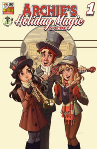 Archie Andrews, a redheaded white teenager, wears a victorian outfit - a grey top hat, white scarf and grey buttoned-down coat. Before him stands Veronica Lodge, a brunette teenager with a grey top hat with red holly on it, a red coat, black gloves, and a white scarf. She plays a horn. To her right is Betty cooper, a white blonde teenager wearing a green coat, red and green scarf and grey pencil skirt, as well as a grey and green hat. She holds a book and seems to be singing, as is Archie