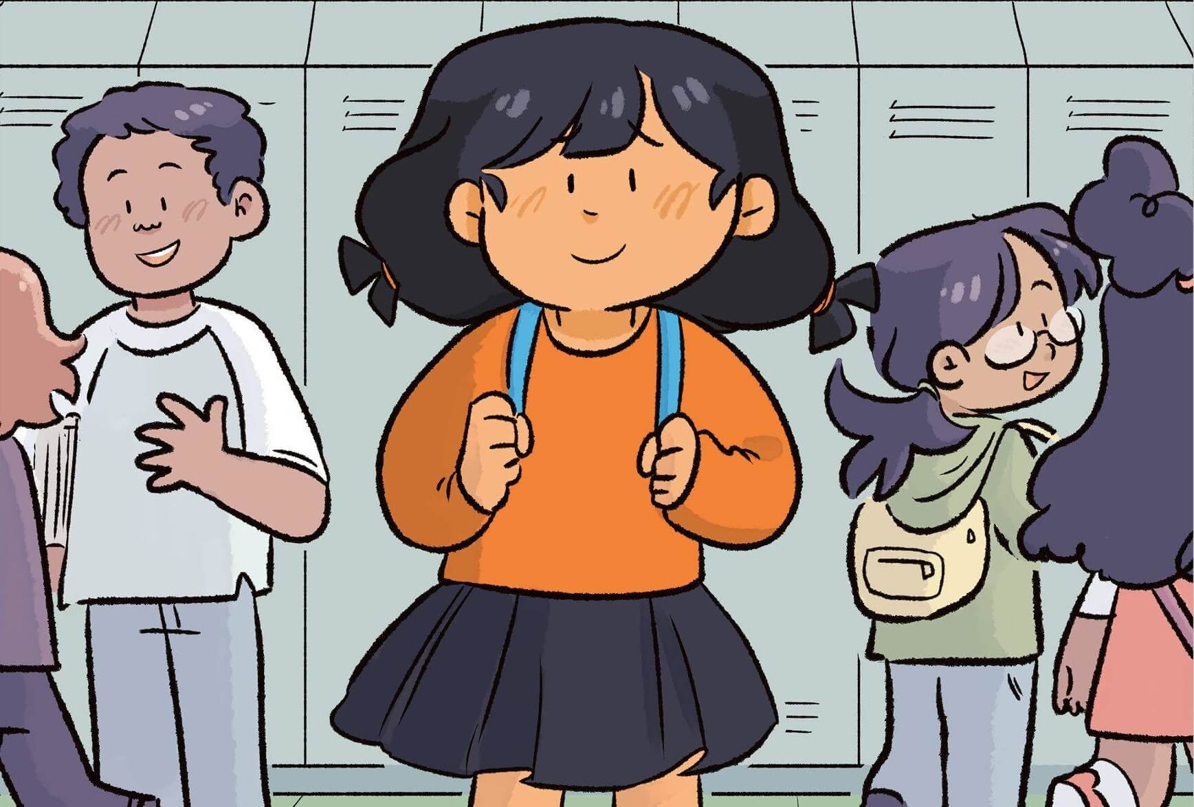 A young girl in a black skirt and orange top with light brown skin and black poufy pigtails walks towards the camera. She is wearing a slight smile and she is holding on to the straps of her backpack. Behind her are other children standing in front of lockers talking