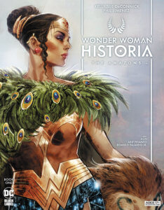 Wonder Woman petting a lion draped in peacock feathers - Cover of Historia Book One