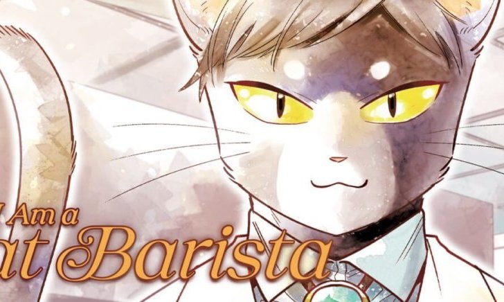 Feature image of a crop from the cover of "I am a Cat Barista." The title is written in a nice font, and there is a drawing of an anthropomorphic cat, smiling. His eyes are yellow and he's wearing clothes.