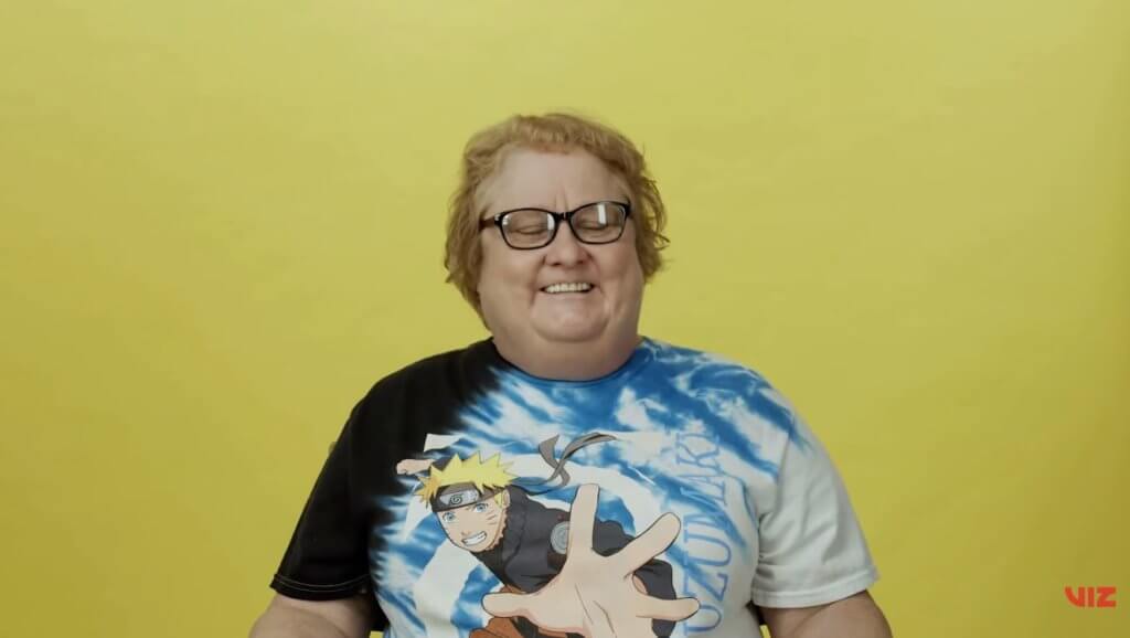 Maile Flanigan in a Naruto shirt against a yellow background