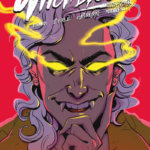 A white-haired person with smoking yellow eyes and fangs smiles wickedly 