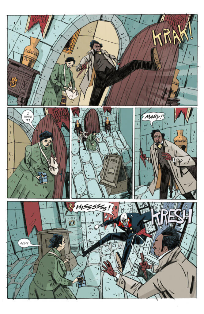 Three vampire hunters attack a hissing vampire