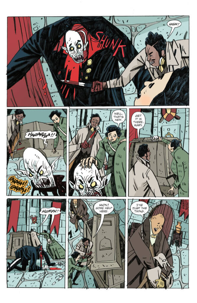 Three vampire hunters attack a hissing vampire