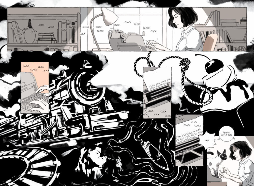 A long panel at the top of the page shows Pat typing on her typewriter. This panel is overlaid on a full, inky black splash image of visuals from Pat's writing - a rushing train, an ice cream sundae, a man and woman kissing, and an ominous noose.