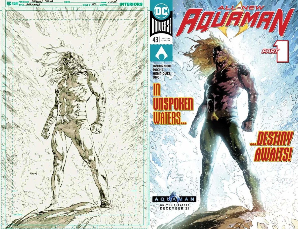 The final cover of Aquaman #43 alongside its original pencils. Both show a shirtless Aquaman striking a pose.