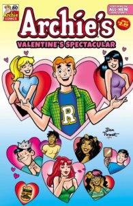 Archie Andrews, a white, redheaded teenager, stands t the center of a cluster of hearts which depict his friends and love interests. He shrugs and holds his hands up, gesturing toward veronica lodge and betty cooper. The background is yellow fading into blue