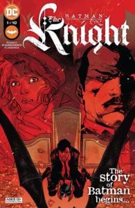 Bruce Wayne kneeling at his parents' graves while they are silhouetted in red behind him