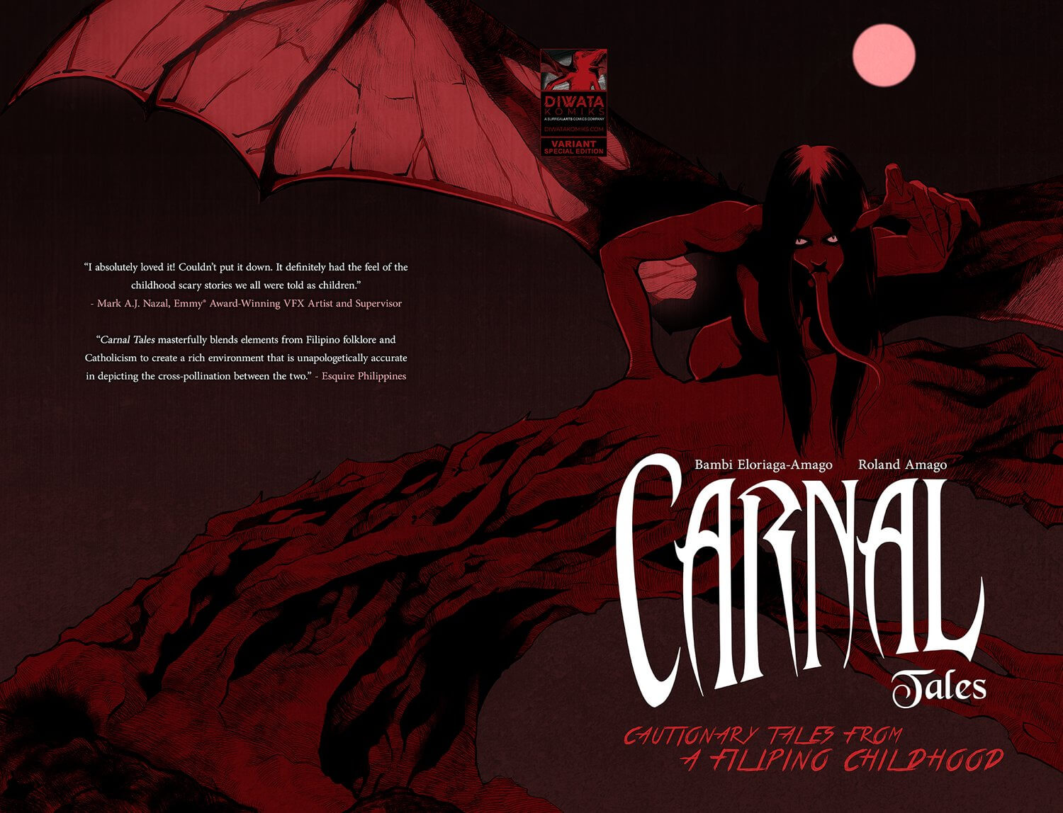 A cover spread of a comic entitled, "Carnal Tales". The cover's art primarily uses a dark red, monochromatic palette, abnnd a demon-like creature with its tongue hanging out crawls from behind the title graphic. 