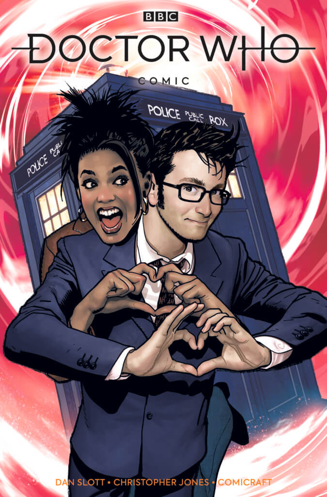 The Tenth Doctor and Martha Jones stand in front of the Tardis, smiling and making their hands in the shape of a heart.