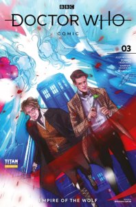 The Eighth and Eleventh Doctors, White men each with a devilish smile on their face, stand in front of the TARDIS, while two blond women - - each a different version of Rose, float above it