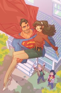 Superman flying with Lois Lane as their kids wave goodbye