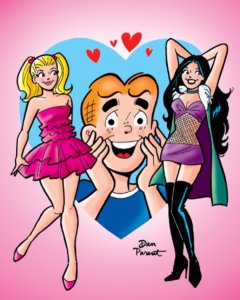 Betty Cooper - a white blonde teenager wearing pigtails and a frilly hot pink dress, as well as hot pink pumps - poses beside veronica lodge, a white, brunette teenager. Veronia's hair is loose, and she wears a dress with a purple skirt and bra united by a black mesh middle. She sports black thigh-high boots and a green vest. The two teens pose before Archie Andrews, who has cupped his cheeks wit his hands. The redheaded teenager wears a blue baseball shirt and stands in the middle of a pale blue heart with red hearts floating around his head.