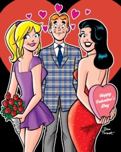 Archie Andrews, a white, redheaded teenager, stands in a purple, grey and blue plaid suit with grey pants, a white shirt and a blue tie. Before him stands Veronica Lodge, a brunette with a peekaboo hairstyle in a red strapless evening gown holding a pink candy heart behind her back, and betty cooper, a blonde white teenager with her hair in a ponytail. Betty wears a purple mini-dress with short sleeves and holds a bouquet of red roses behind her. Red hearts float around Archie's head as he stands before a larger red heart, and Betty and Veronica look back at the audience smiling vivaciously