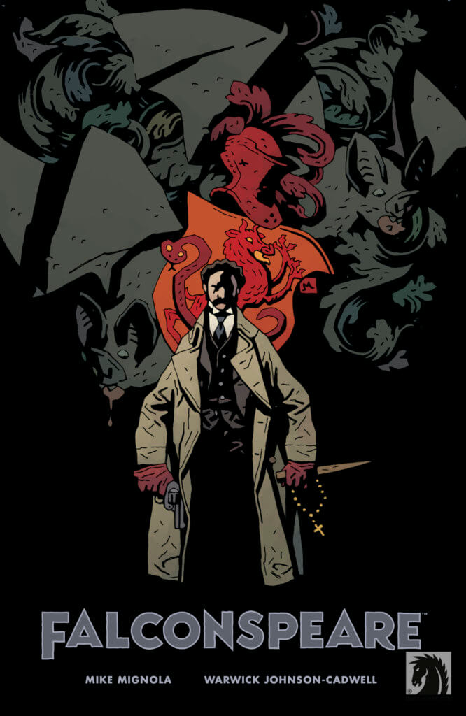 A mustached man in a trench coat holds a wooden stake and a rosary. A crest of a snake and a dragon is behind him