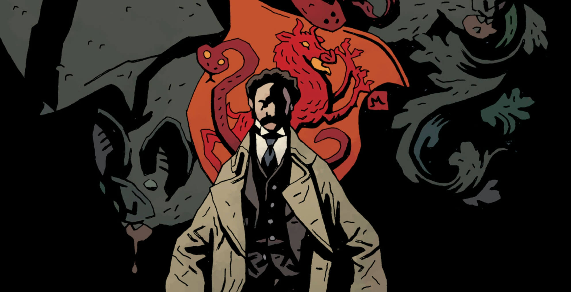 A mustached man in a trench coat holds a wooden stake and a rosary. A crest of a snake and a dragon is behind him