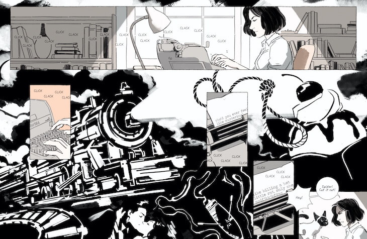 A long panel at the top of the page shows Pat typing on her typewriter. This panel is overlaid on a full, inky black splash image of visuals from Pat's writing - a rushing train, an ice cream sundae, a man and woman kissing, and an ominous noose.