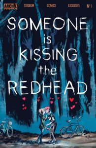 In a visual parody of the cover for Someone is Killing the Children, Blonde teenager Betty cooper embraces and kisses bred-haired teenager archie andrews in a forest. Painted in stark blues and blacks, red hearts float around them like bats. The ground is slate gray. Above them in stark letters the legend reads: Someone is Kissing the Redhead.