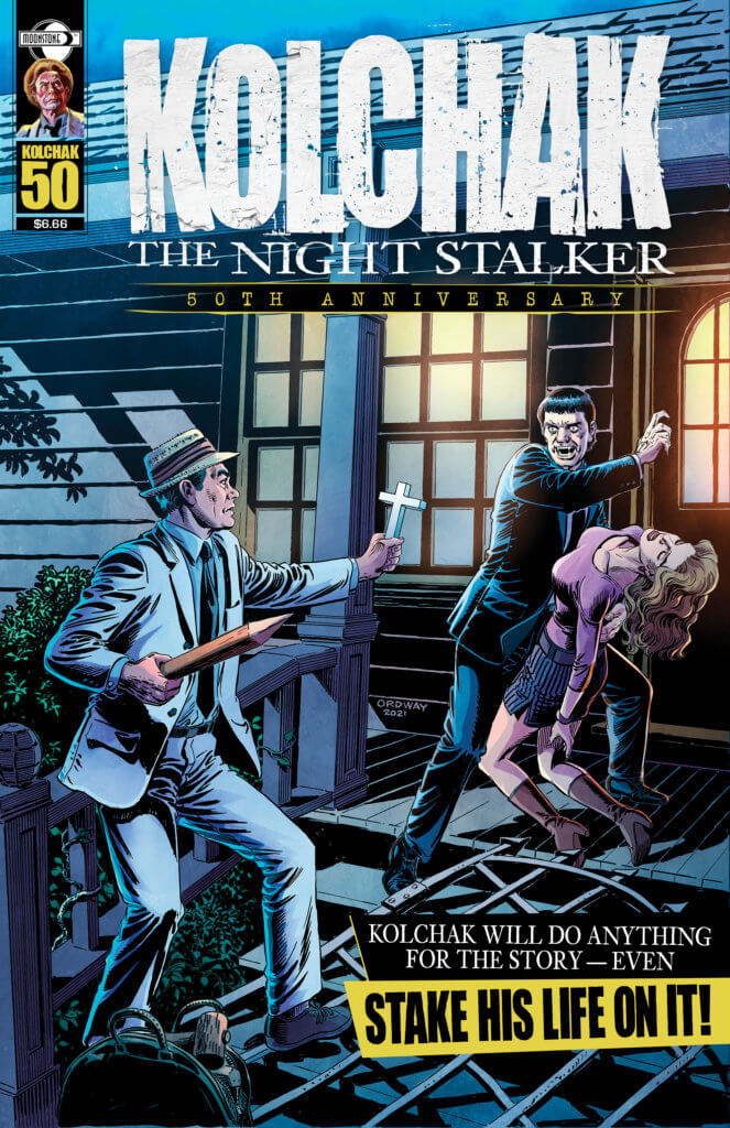 A man in a suit and fedora holds a crucifix towards a vampire holding a woman who is passed out in his arms. They are on the porch of a house. Lights are on inside