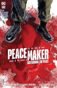 Peacemaker's combat boots standing in a pool of blood
