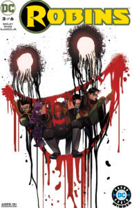 Jason Todd, Stephanie Brown, Dick Grayson, Damian Wayne, and Tim Drake crawling out of a dripping Joker mouth