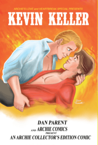 In a stylistic parody of the Gone with the Wind Poster, blonde white teenager kevin Keller embraces his boyfriend, a brunet wearing an open red shirt and grey pants. Flames rage in the background.
