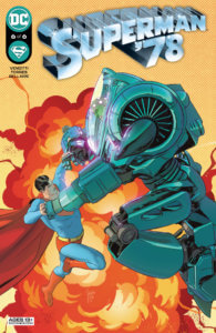 Superman fighting Brainiac who is in a mech suit