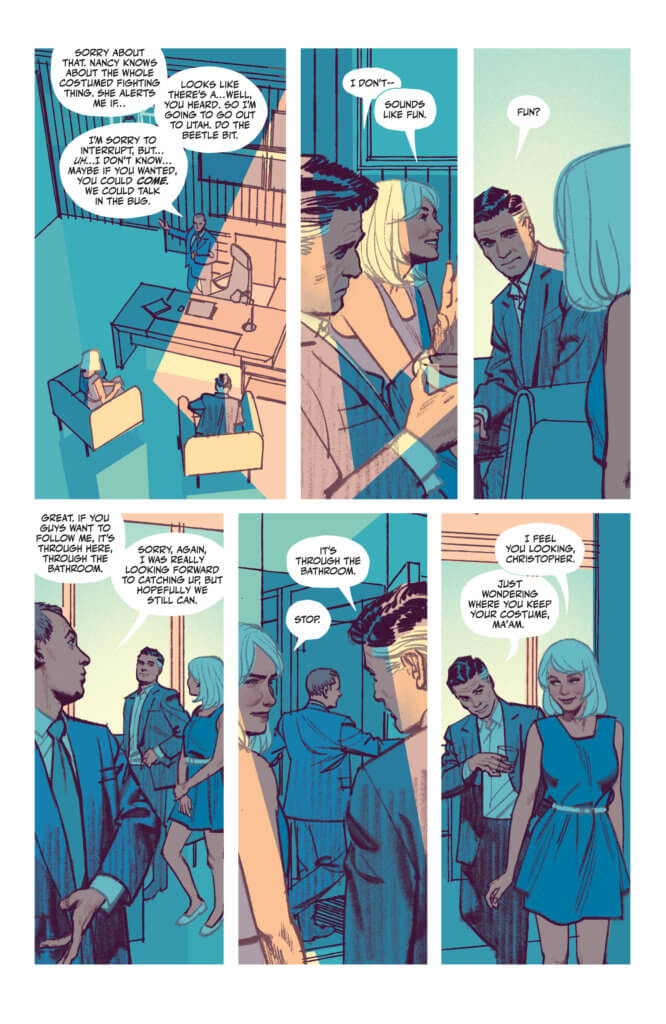 Human Target 4 page 3 - Ted Kord leading Tora and Christopher out of his office
