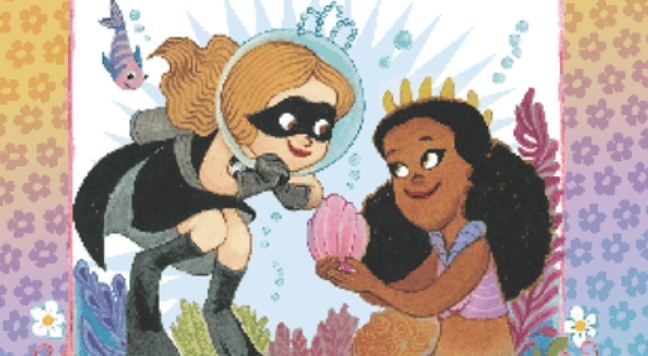 the Princess in Black meets a mermaid princess in an underwater scene on the cover of the book by shannon and dean hale with illustrations by LeUyen Pham