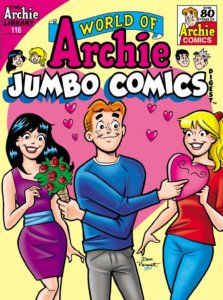 Archie Andrews - a redheaded white teenager in a blue longsleeved shirt and grey jeans - criss-crosses his arms to hand his two crushes their gifts. He hands a heart-shaped box of candy to Blonde white teenager Betty Cooper, who wears a red sweater with the sleeves pushed up and blue jeans, and a bouquet of roses to Veronica lodge, a dark-haired white teenager with a purple dress and a blue belt. Red hearts float around his head, and he stands before a large pink heart and a pale yellow background.
