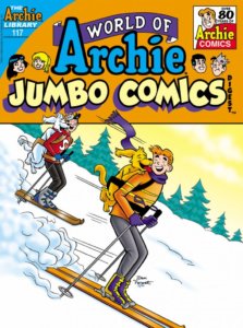 Archie Andrews, a redheaded white teenager, is skiing down an enormous, snow-covered mountain at an angle. Wearing an orange sweater, a purple scarf and grey jeans, he perches on brown skis. His golden retriever dog, vegas, is strapped onto his back in a baby carrier, and at a distance his friend - white, black-haired teen jughead jones - skis down the slope with his own dog, a white dog named hotdog, pearched on the back of them while leaning on his shoulders. Jughead is wearing a red sweater and black pants, with a grey fool's cap on his head. The sky behind them is orange and dotted with clouds, and there are green pine trees in the distance.