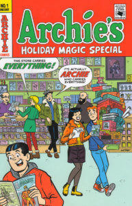 A lively scene depicts Riverdale's teenagers shopping in a comic book store. This store carries everything! Says blonde teenager Betty Cooper, looking at the selection. Watching Brunette teenager with her redheaded boyfriend Archie Andrews, Jughead Jones laconically declares, It's Actually Archie Who Carries Everything. Archie can be seen carrying a pile of gifts. Everyone is dressed in winter clothes and happily shopping away