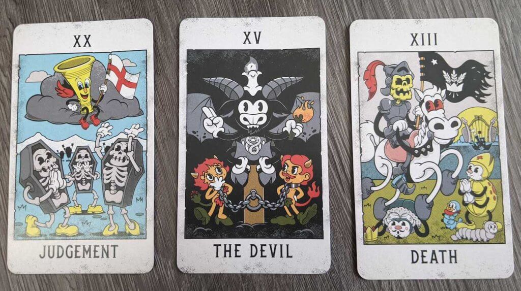 3 particularly creepy looking cards from Mystical Medleys: Judgement, the Devil, and Death