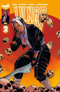 A woman in a ripped black jacket and pants holds a sword with one hand and wipes blood from her lips with another. Skulls float around her