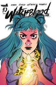 A blue haired woman stares intently as she holds a glowing glass bottle in her hands