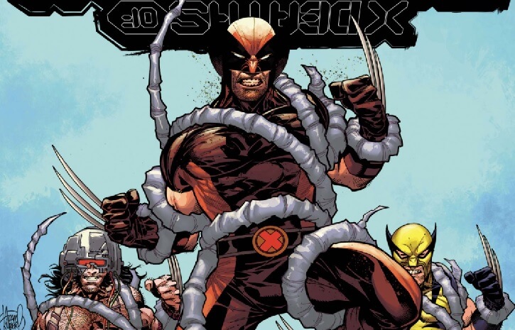Three versions of Wolverine struggle in the grip of Omega Red's white and bony tentacles.