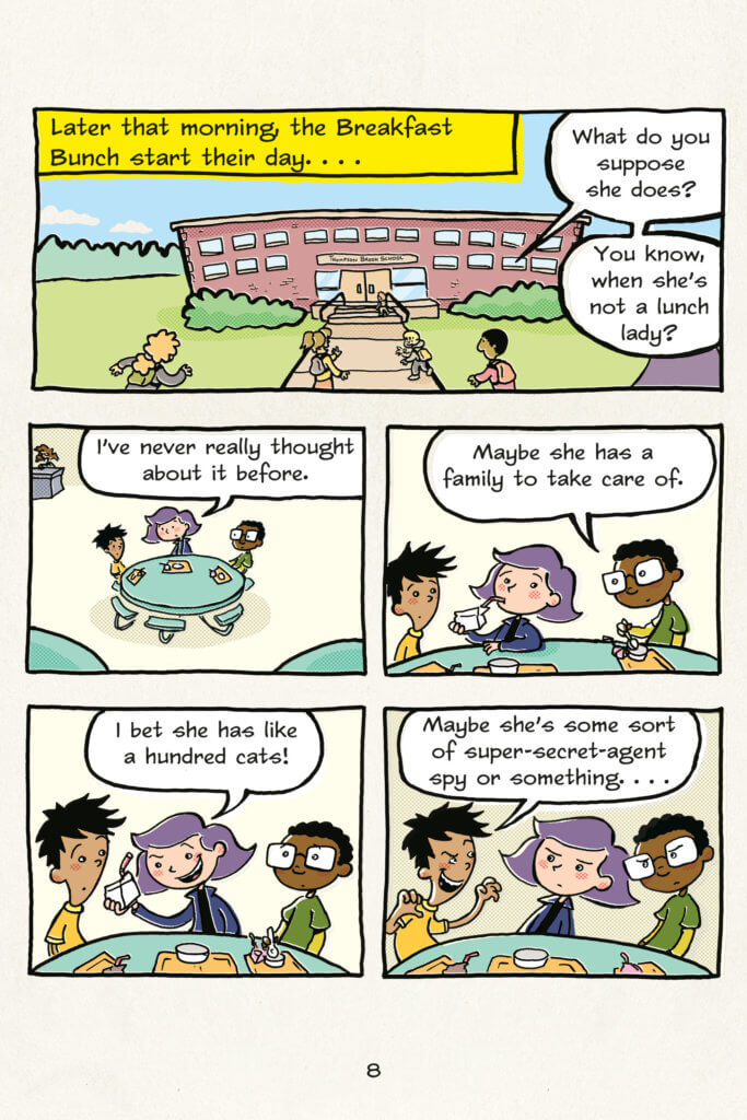 panels from Lunch Lady featuring kids in the cafeteria, a new teacher, and a lunch lady dealing with a bully