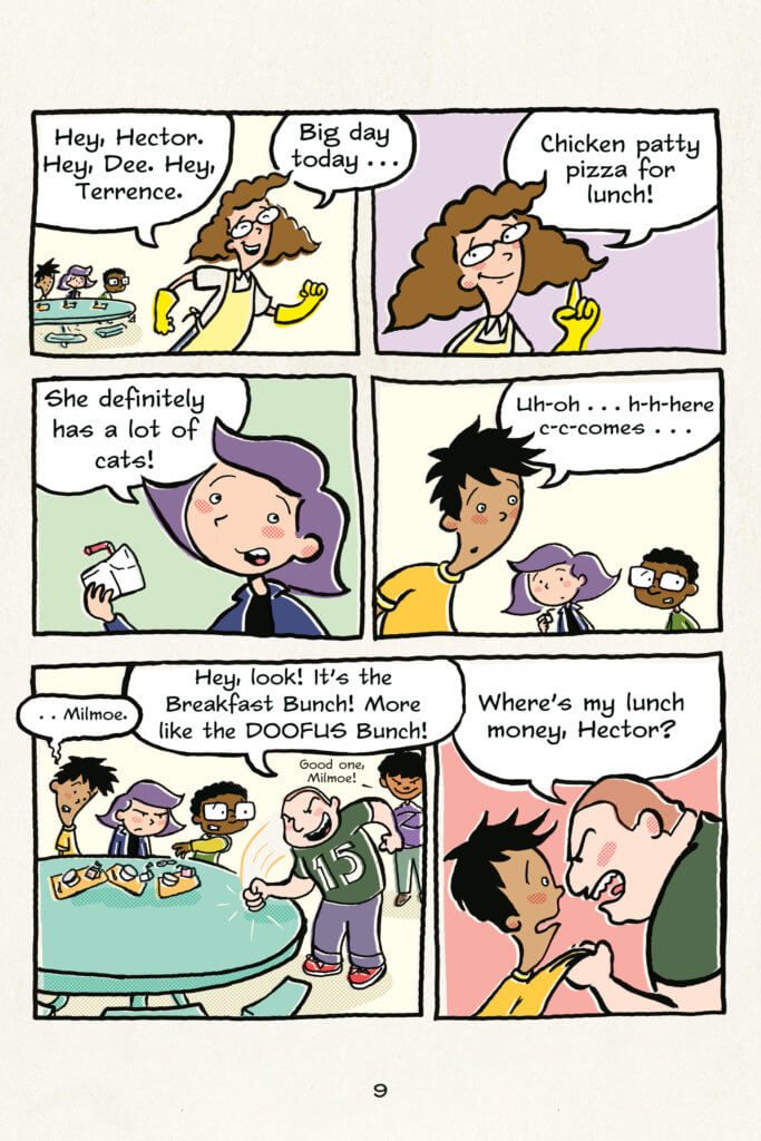 panels from Lunch Lady featuring kids in the cafeteria, a new teacher, and a lunch lady dealing with a bully