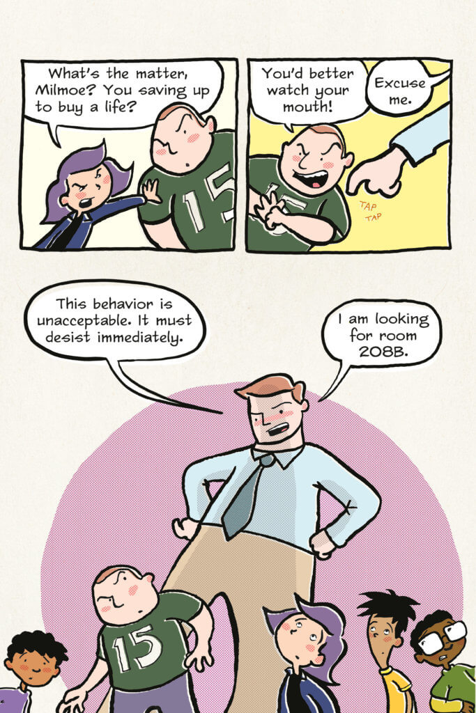 panels from Lunch Lady featuring kids in the cafeteria, a new teacher, and a lunch lady dealing with a bully