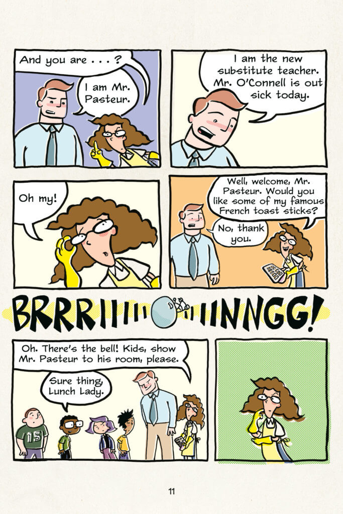 panels from Lunch Lady featuring kids in the cafeteria, a new teacher, and a lunch lady dealing with a bully