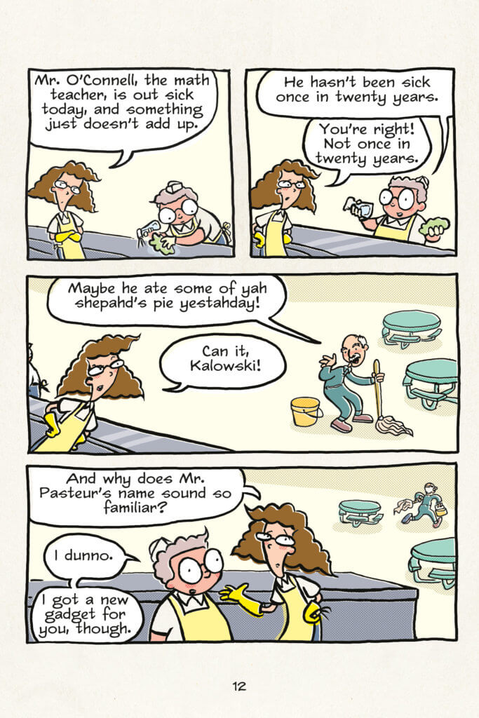 panels from Lunch Lady featuring kids in the cafeteria, a new teacher, and a lunch lady dealing with a bully