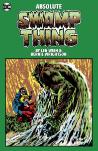 Swamp Thing looming over a man holding a woman hostage with a gun
