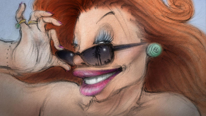 Bev from Joanna Quinn's animated film "Affairs of the Art": a tanned woman with a surgically-enhanced face and sunglasses.