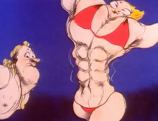 Joanna Quinn's cartoon character Beryl (a portly blonde woman) grows muscles while a man looks on bemused.