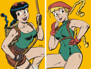 Veronica Lodge, a white brunette teenager, is dressed like lara croft from the tomb raider series of videogames. She sports mirrored sunglasses, a green tank-top, brown climbing gear and brown shorts with a brown belt. She holds a rope and seems to be climbing up it. Betty Cooper, a white blonde teenager, is dressed like Cammy from the street fighter video game series in a green leotard, brown suspenders, pink fingerless gloves and pink beret. They both stand against a plain yellow backdrop