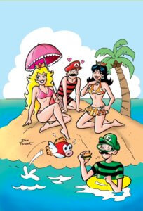 Betty Cooper, a blonde teenager, is dressed like Princess Peach from the Super Mario Brother's Video game series with her long blonde hair brushed back. She sports a pink bikini and sits under a white-trimmed pink parasol like peach's. Veronica, a brunette white teenager, is wearing a yellow frilled bikini and yellow crown which are reminiscent of princess daisy. They sit together on a sandy island surrounded by blue water against a blue sky with a single cloud in the background. There's a brown and green palm tree on the island. Between Betty and Veronica sits Archie Andrews, with a black Mario Mario mustache on his face and a red-and-black striped tank top and black shorts. He wears Mario's cap, only there's an A on it. Little hearts blooma round his head as he stares at Veronica. In the foreground, Jughead wears a green-and-black striped top and a green cap as well as a mustache. He prepares to eat a burger while a red and white Cheepcheep tries to leap up toward it