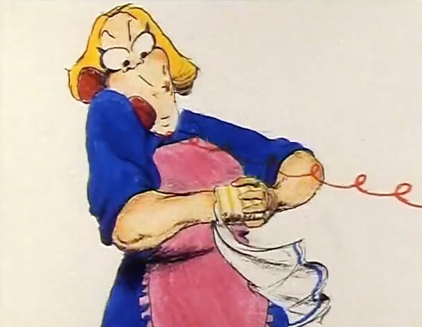 Joanna Quinn's cartoon character Beryl (a portly blonde woman) speaks on the telephone.