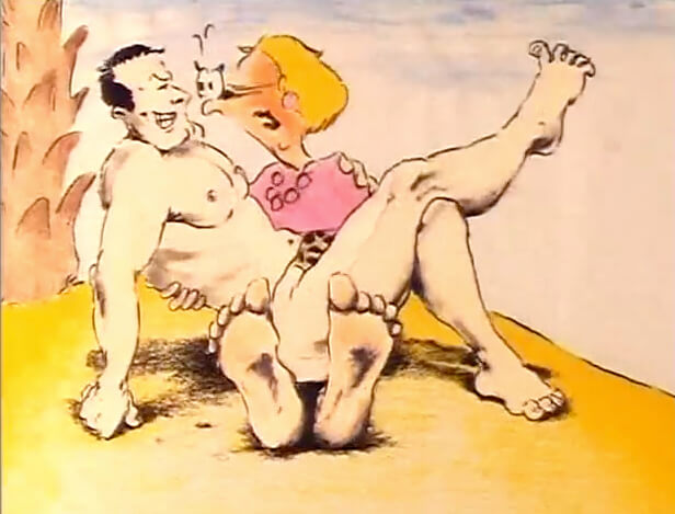 Joanna Quinn's cartoon character Beryl (a portly blonde woman) embraces Tarzan.